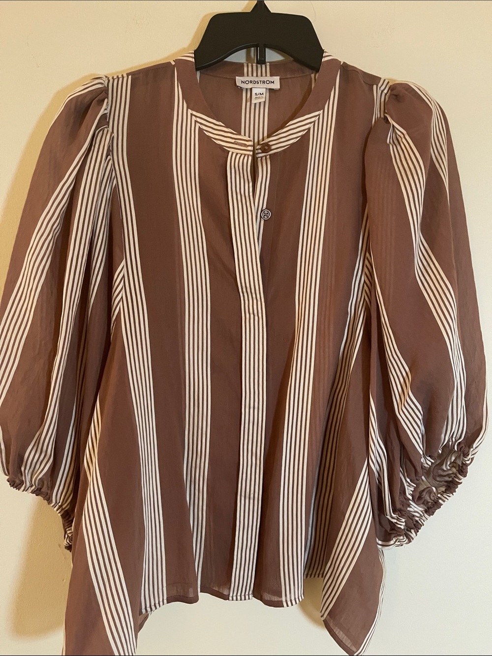 Nordstrom Brown and White Vertical-Stripe Puff-Sleeve Blouse